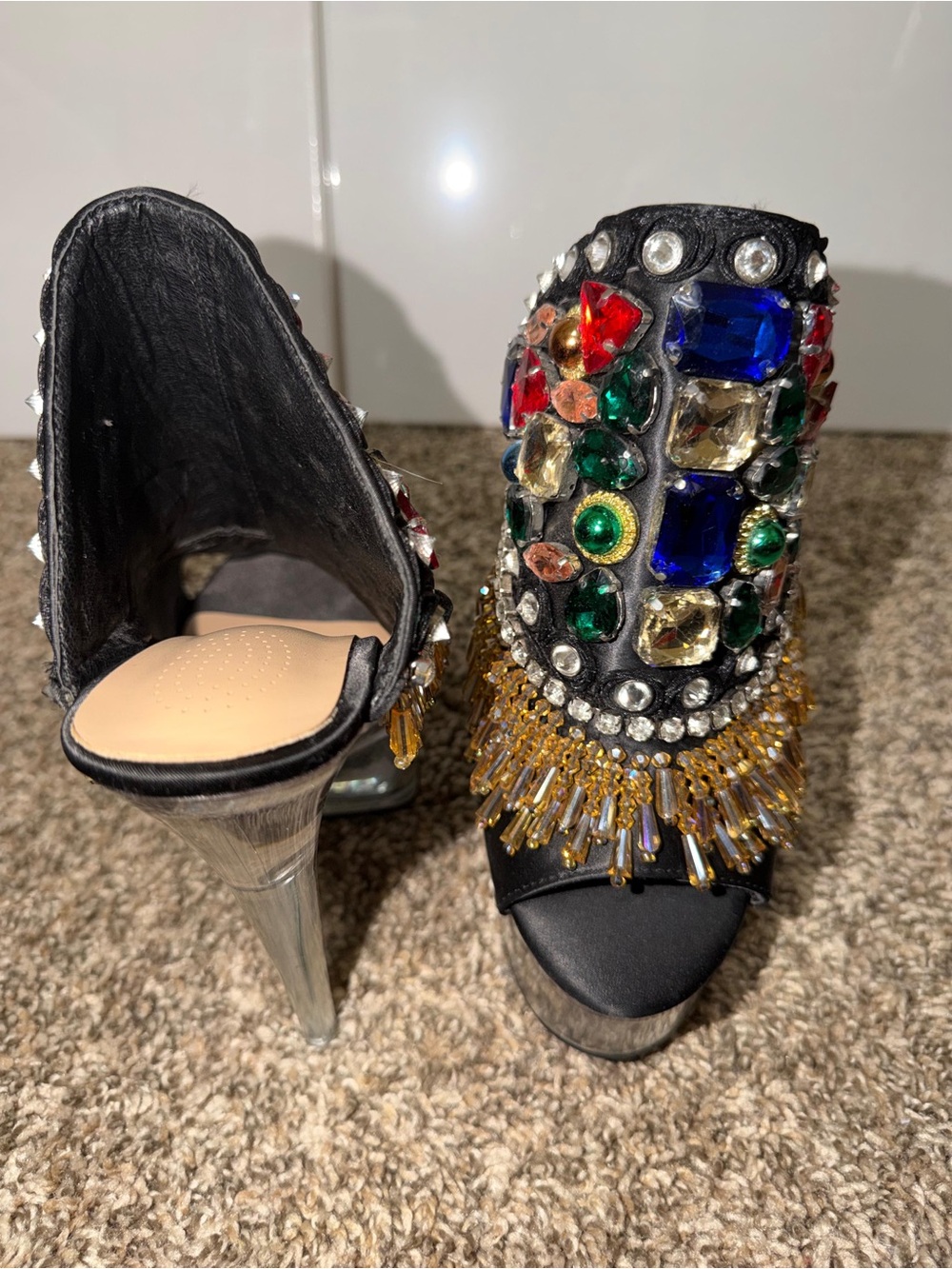 AKIRA Black Platform Heels with Multicolor Jewel Embellishments